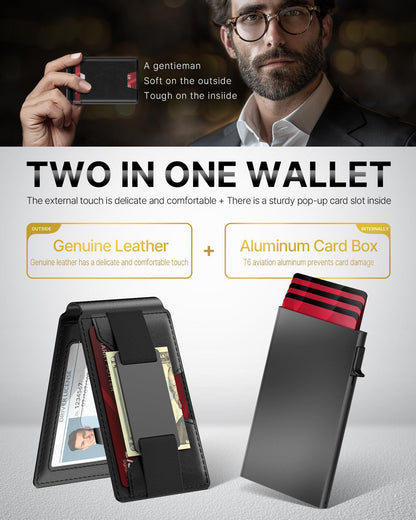 TYPE Mens Wallet Card Holder: Pop Up Card Case, Genuine Leather, RFID Blocking, Smart, Slim, Minimalist, Thin - 13 Card Capacitiy, ID Window, Money Clip (Carbon Fiber)