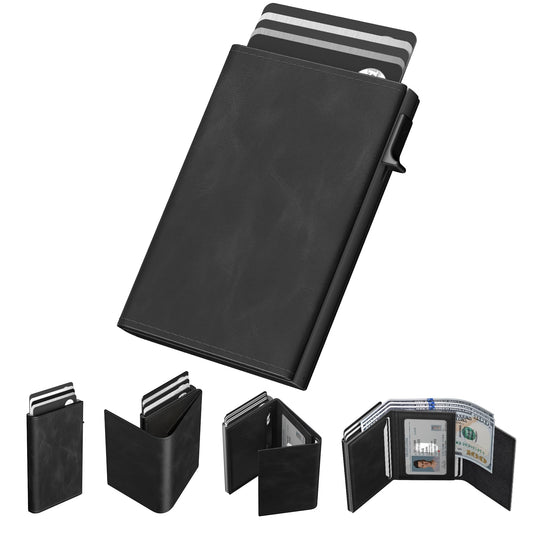 TYPE Mens Wallet Card Holder: Pop Up Aluminum Case, Genuine Leather, Smart, RFID Blocking, Slim, Minimalist, Front Pocket - 9-14 Card Capacity | ID Window | Cash Slot (Carbon Fiber)