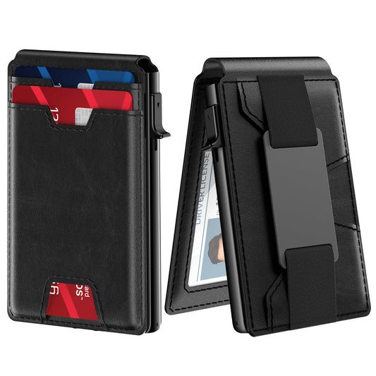 TYPE Mens Wallet Card Holder: Pop Up Card Case, Genuine Leather, RFID Blocking, Smart, Slim, Minimalist, Thin - 13 Card Capacitiy, ID Window, Money Clip (Carbon Fiber)
